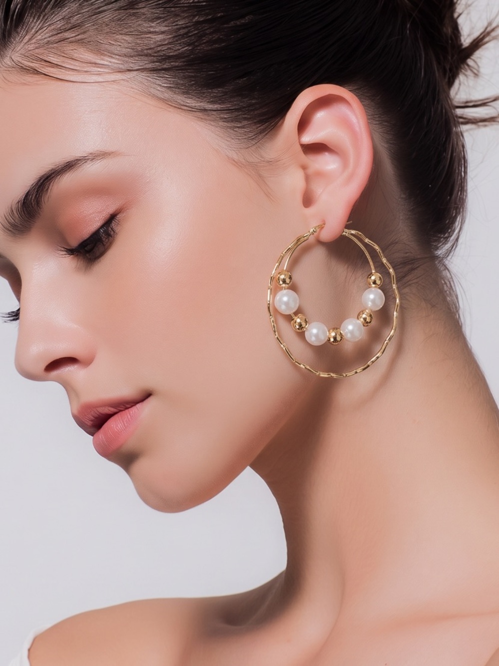 Double Large Hoop /Pearl Earrings.